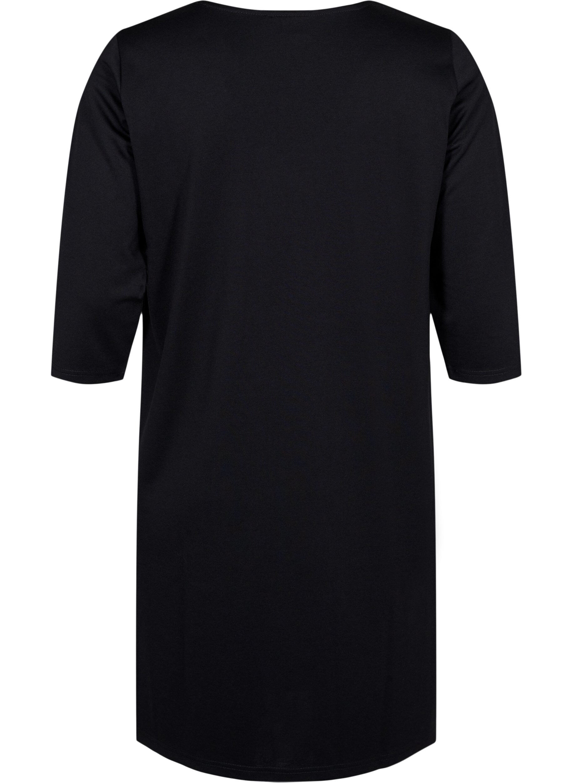 Zizzifashion Plain dress with v neck and 3/4 sleeves, Black, Packshot image number 1