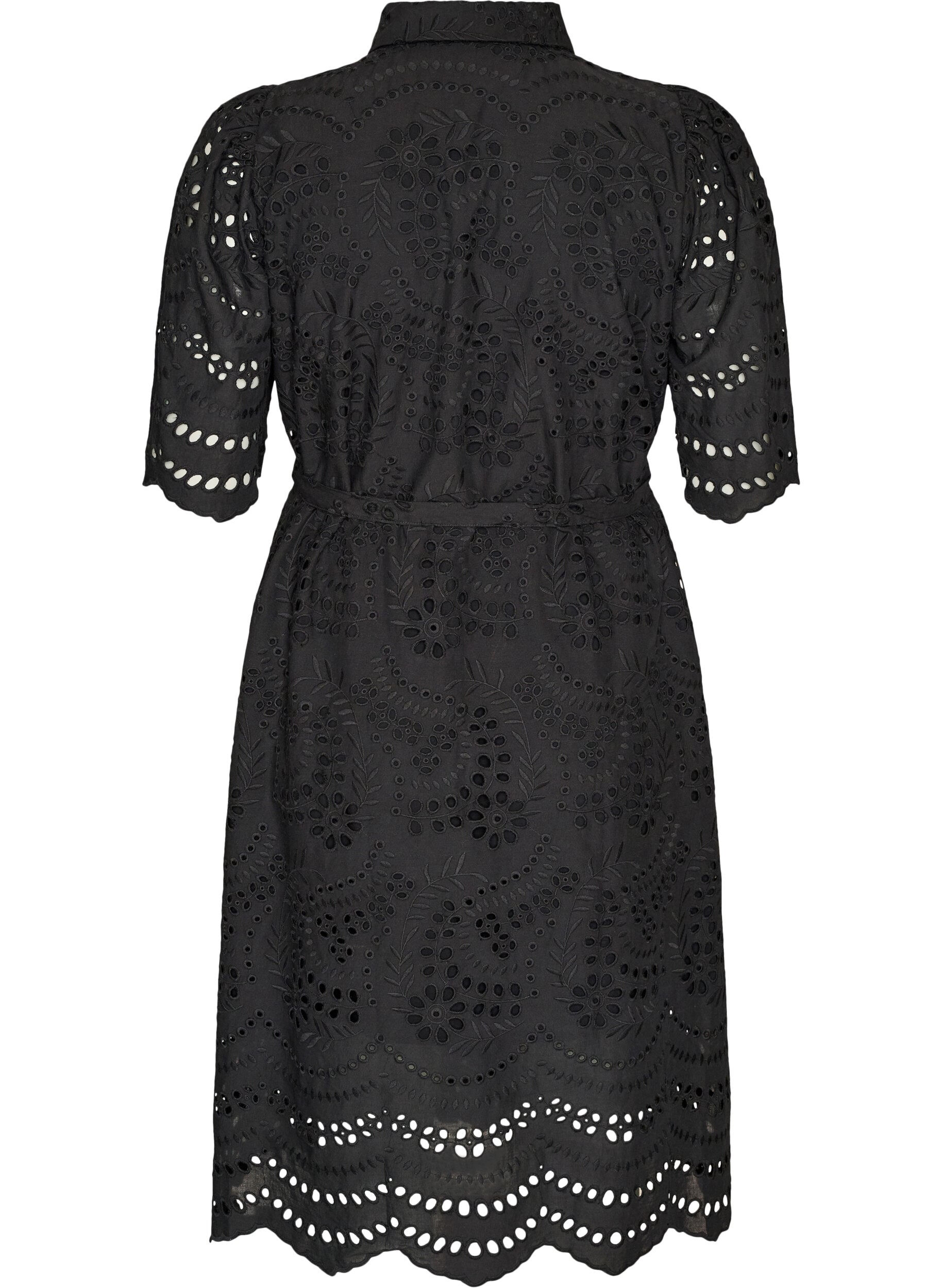 Zizzifashion Shirt dress in broderie anglaise with a tie-belt, Black, Packshot image number 1