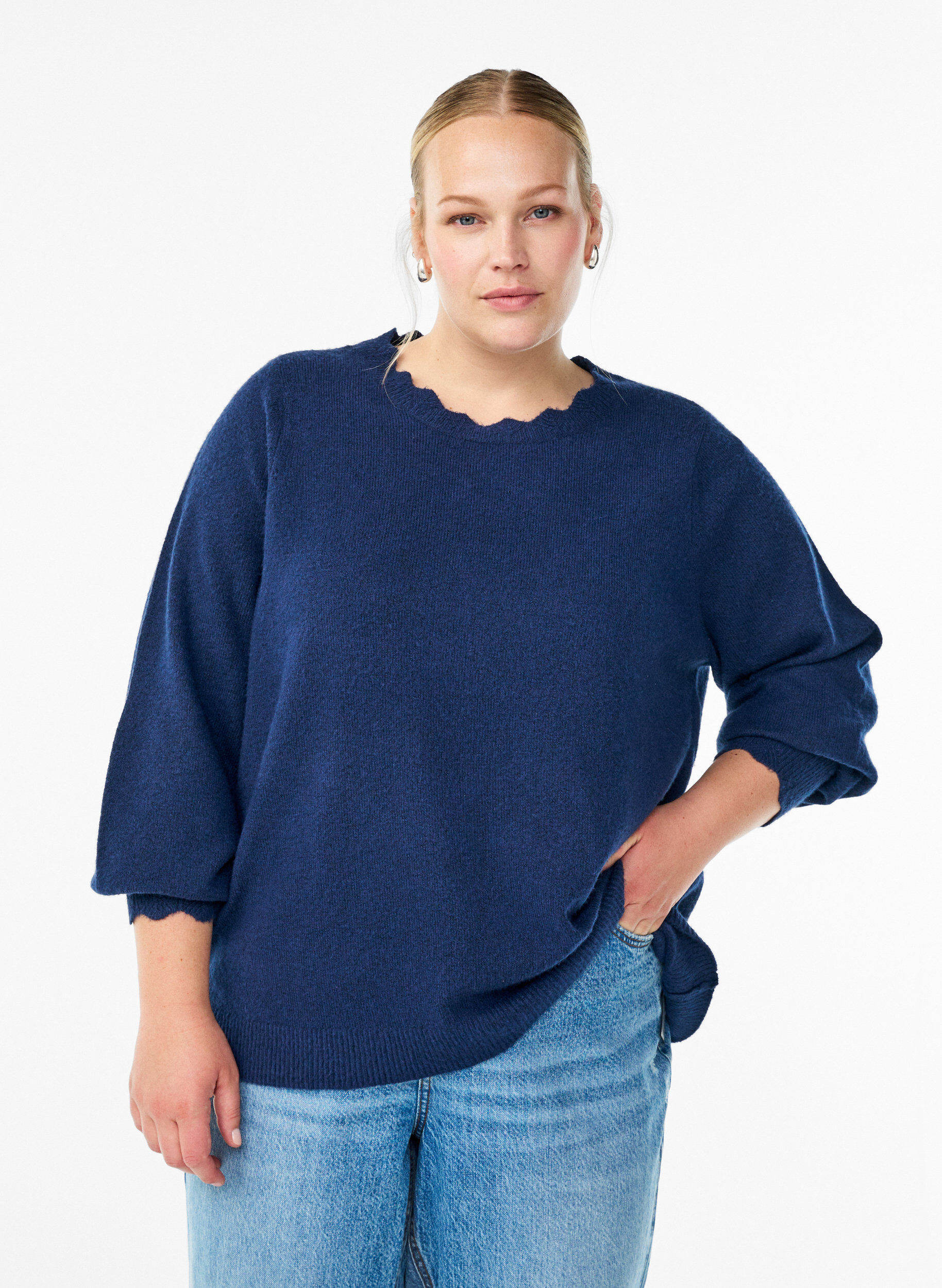 Zizzifashion Knitted blouse with wavy edges, Blue, Model image number 0