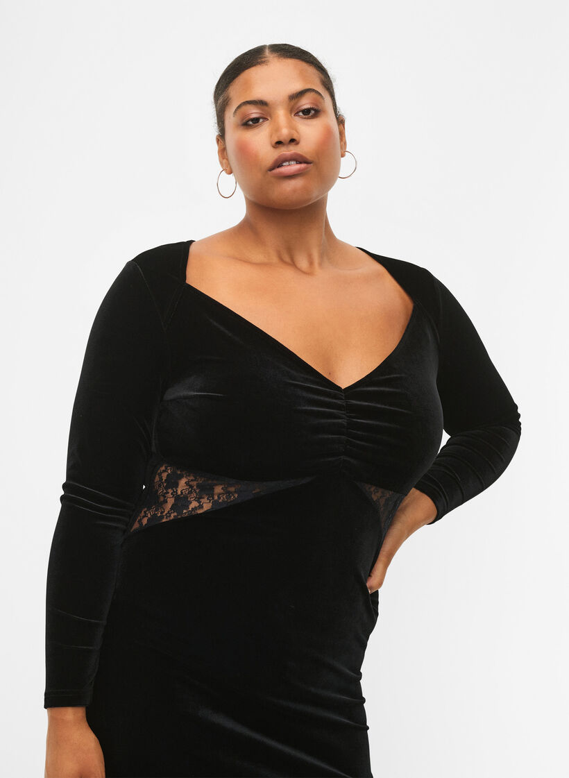 Short velour dress with lace detail, Black, Model image number 2