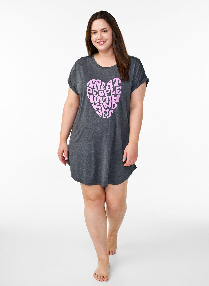 Short sleeve nightgown with text print, Black, Model image number 1