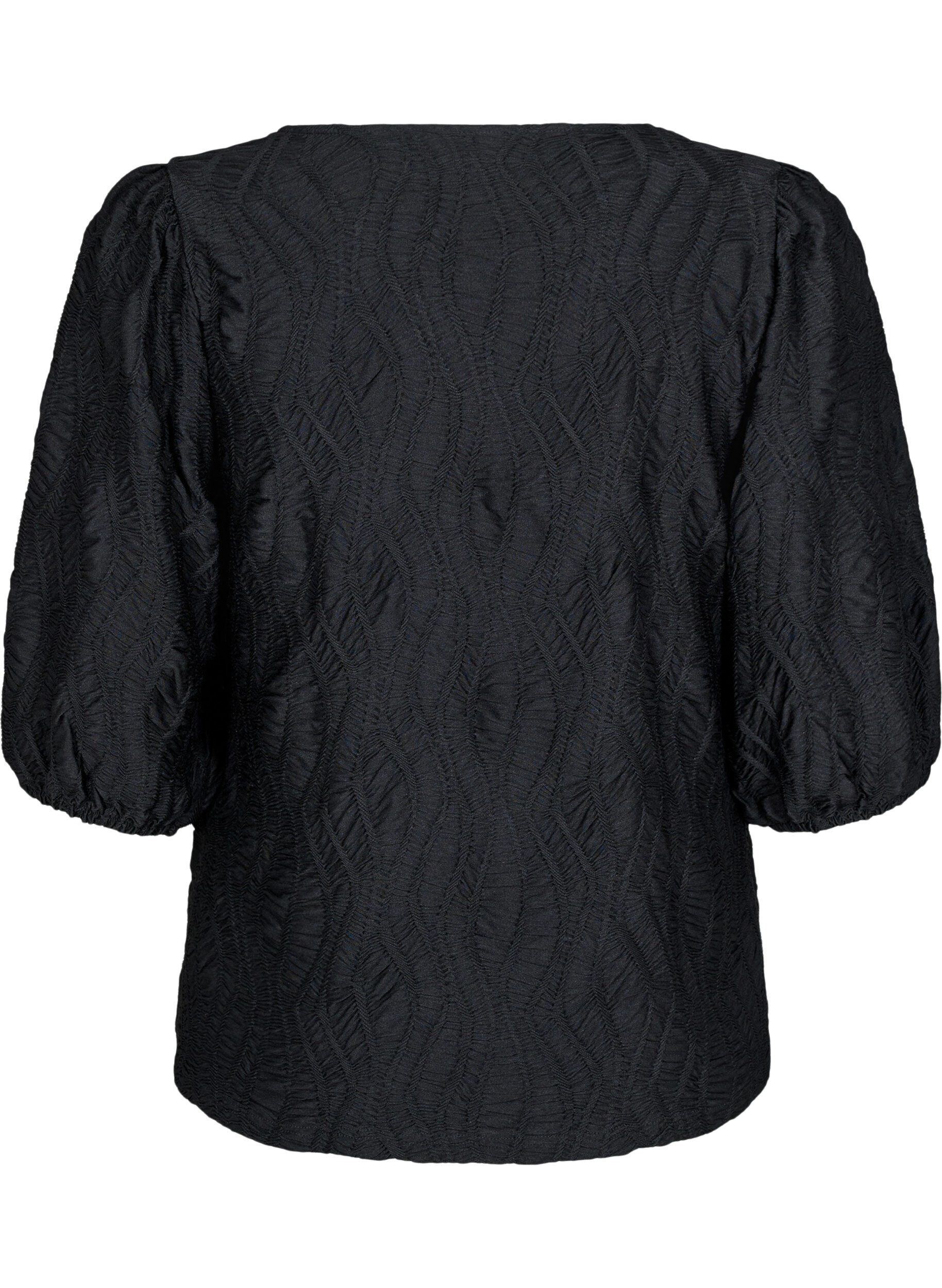 Zizzifashion Blouse with texture and 3/4 sleeves, Black, Packshot image number 1