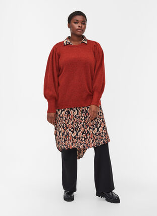 Melange knit sweater with puff sleeves, Sequoia Mel., Model image number 2