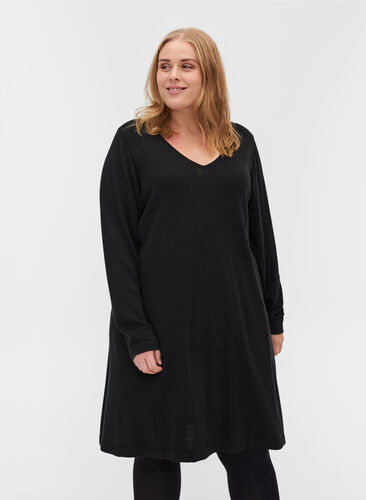 Plain V-neck knitted dress, Black, Model image number 0