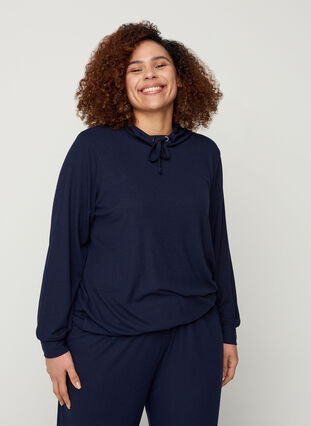 Long-sleeved blouse with a high neck and drawstring, Navy Blazer, Model image number 0
