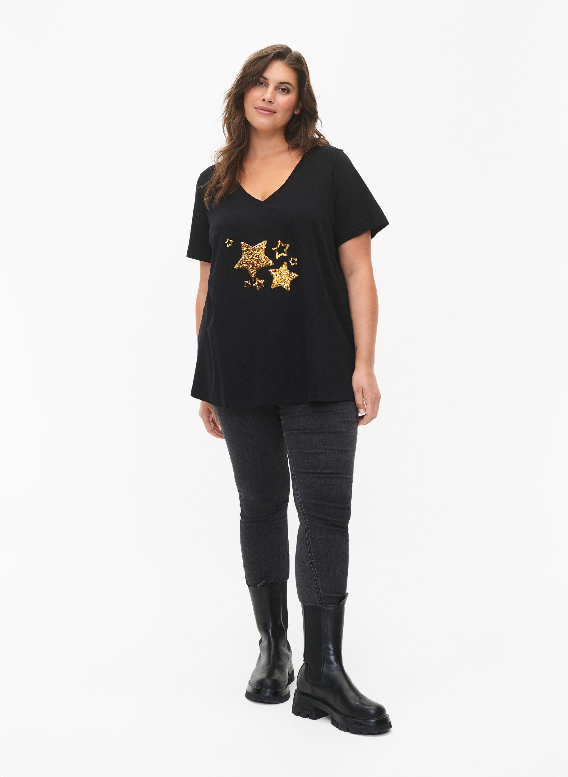 Zizzifashion Cotton t-shirt with sequins, Black W. Star, Model image number 2