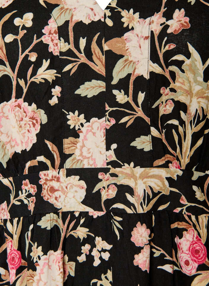 Floral dress in linen and viscose with an empire line, Black, Packshot image number 2