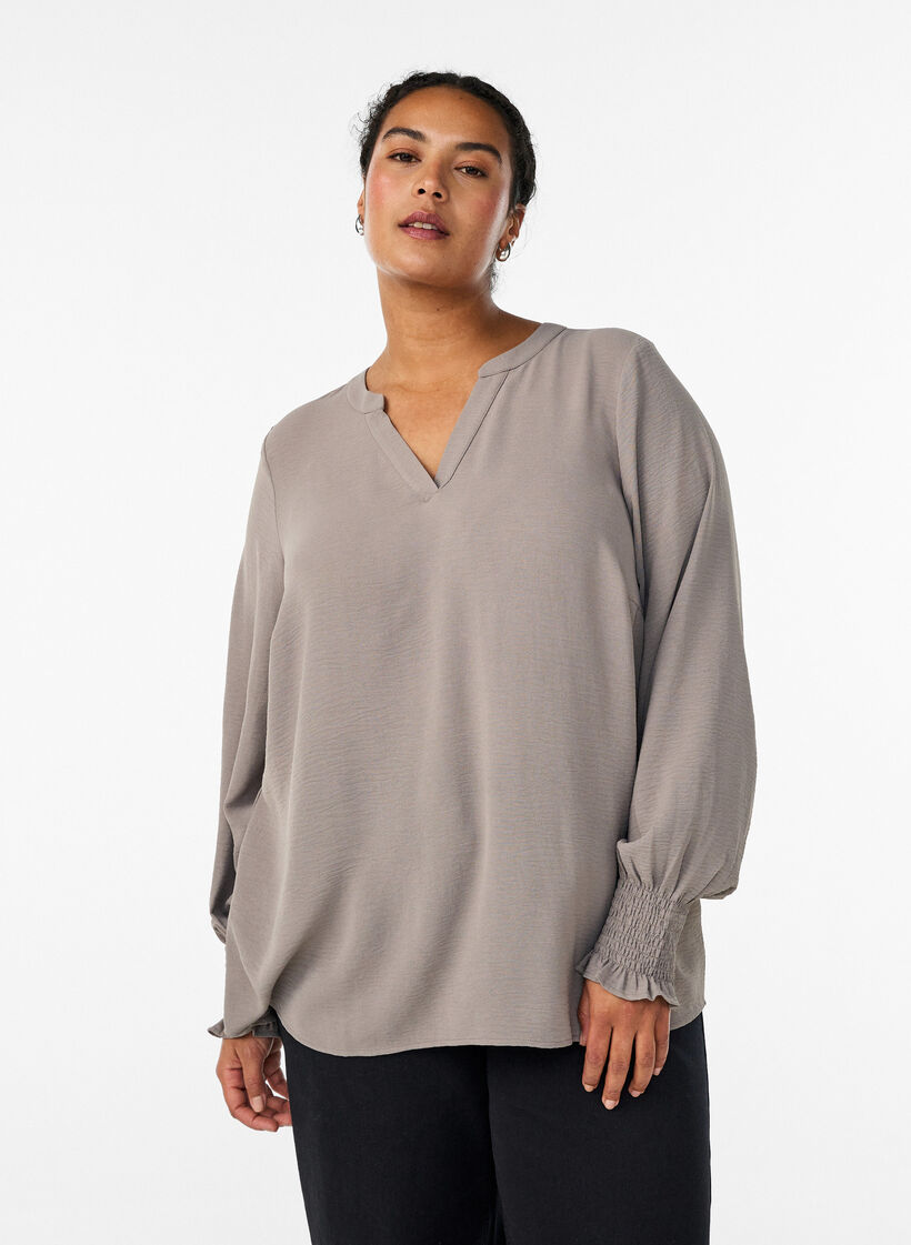 Blouse with smock cuffs and V-neck, Beige, Model image number 0