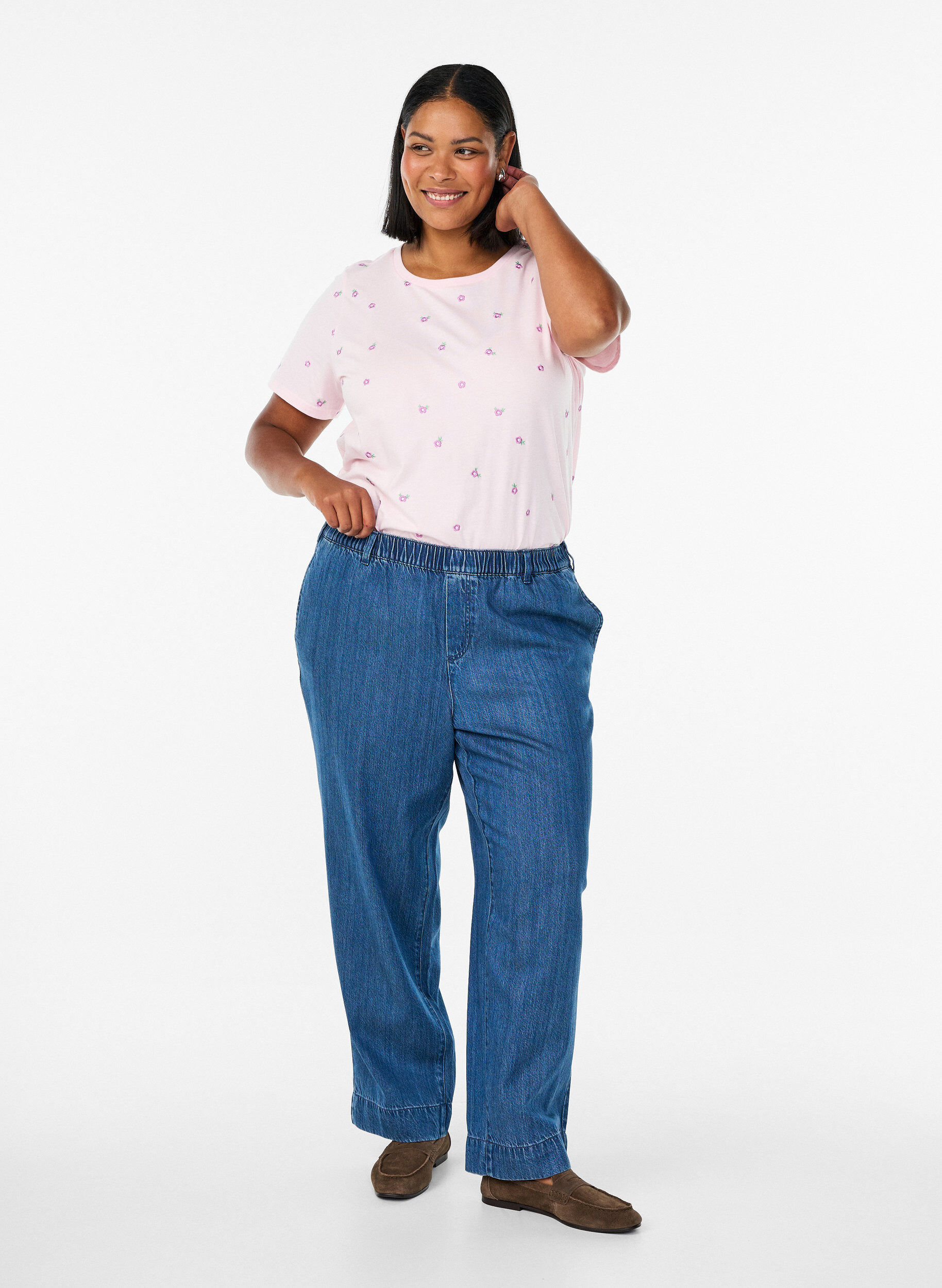 Wide jeans with an elastic waistband, Blue, Model