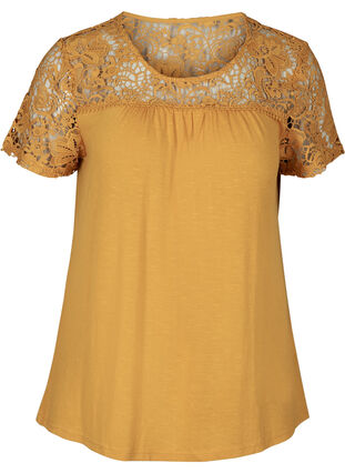 T-shirt with lace, Mineral Yellow, Packshot image number 0
