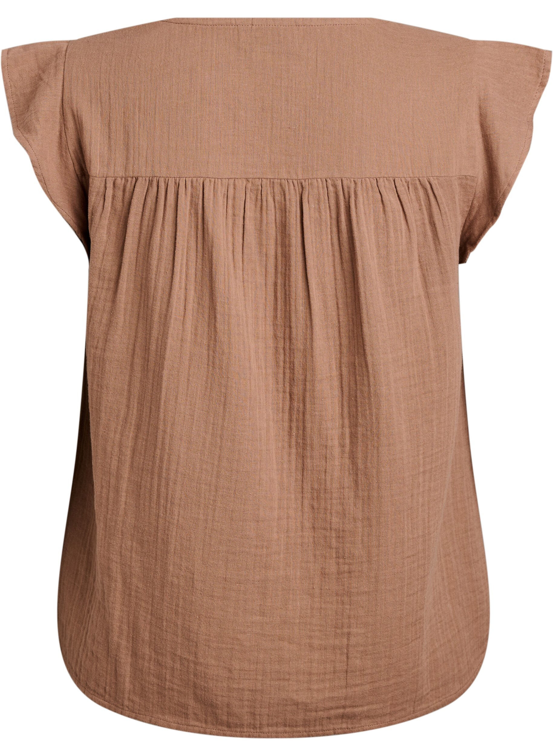 Zizzifashion Sleeveless top in cotton muslin with ruffles, Brown, Packshot image number 1