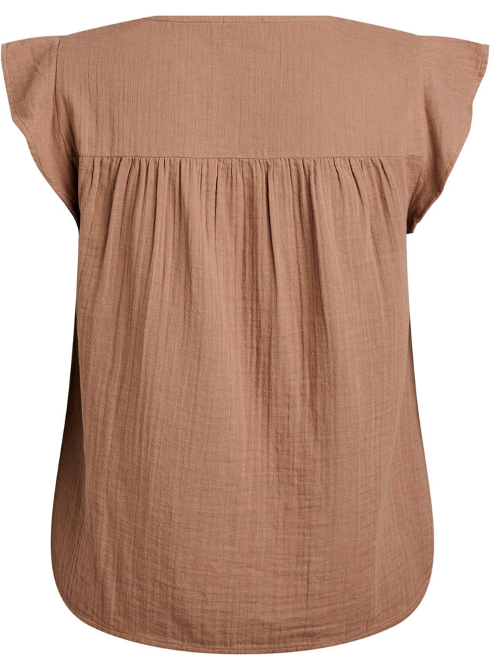 Sleeveless top in cotton muslin with ruffles, Brown, Packshot image number 1