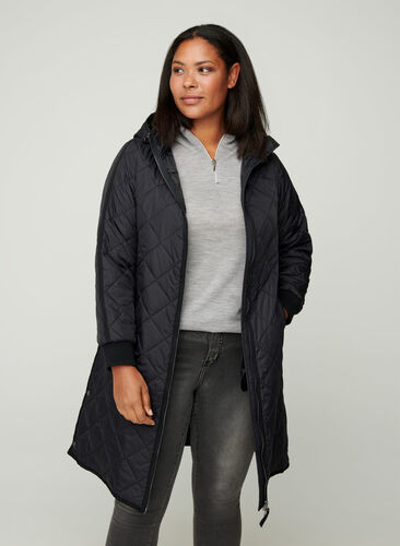 Quilted jacket with hood, Black, Model image number 0
