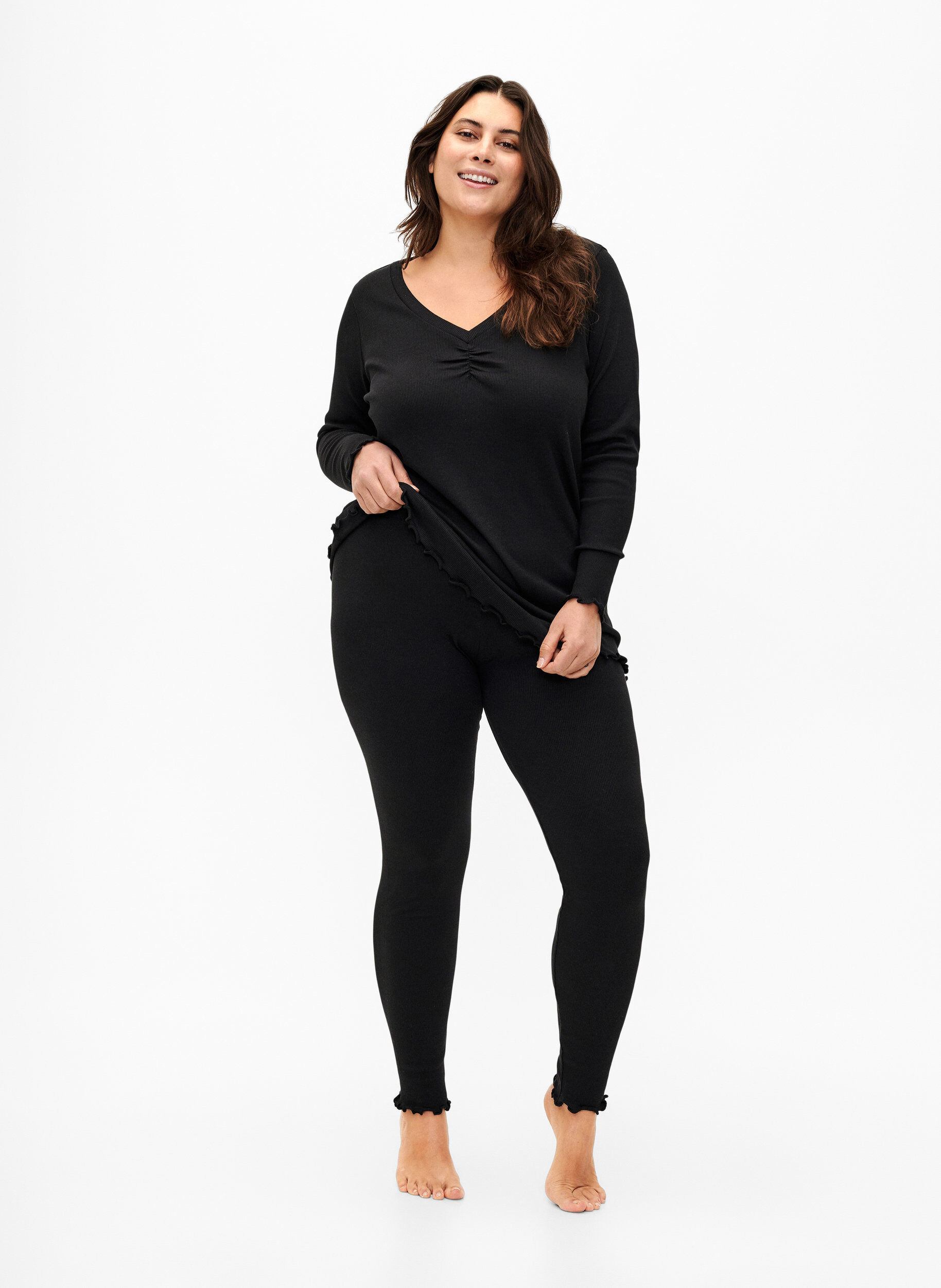Zizzifashion Ribbed blouse with long sleeves and V-neck, Black, Model image number 2