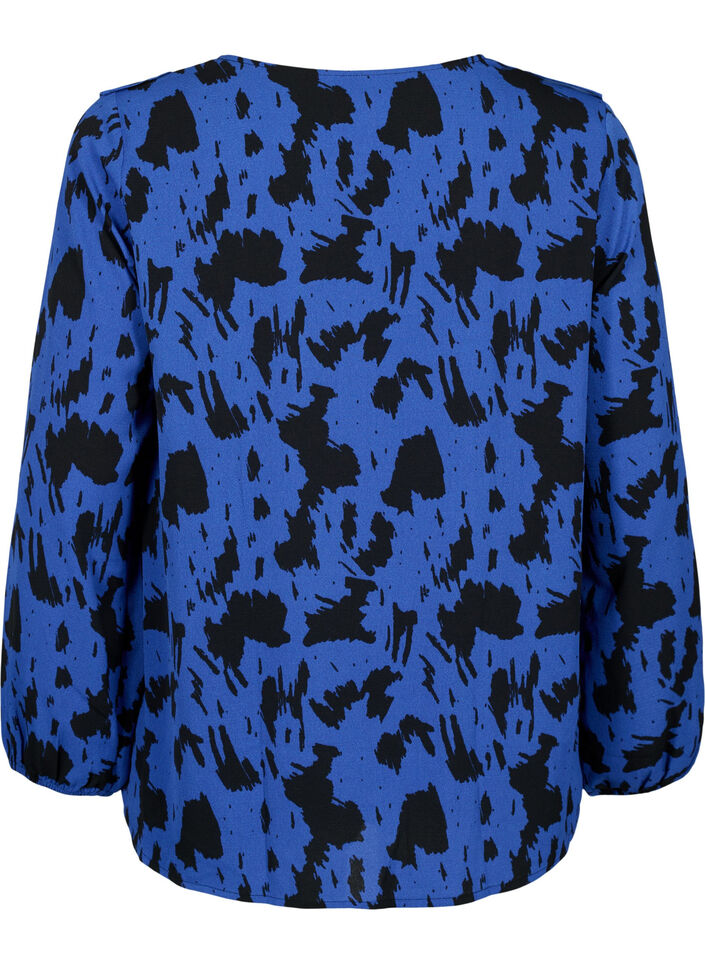 Long sleeved blouse with ruffles, Black Blue AOP, Packshot image number 1