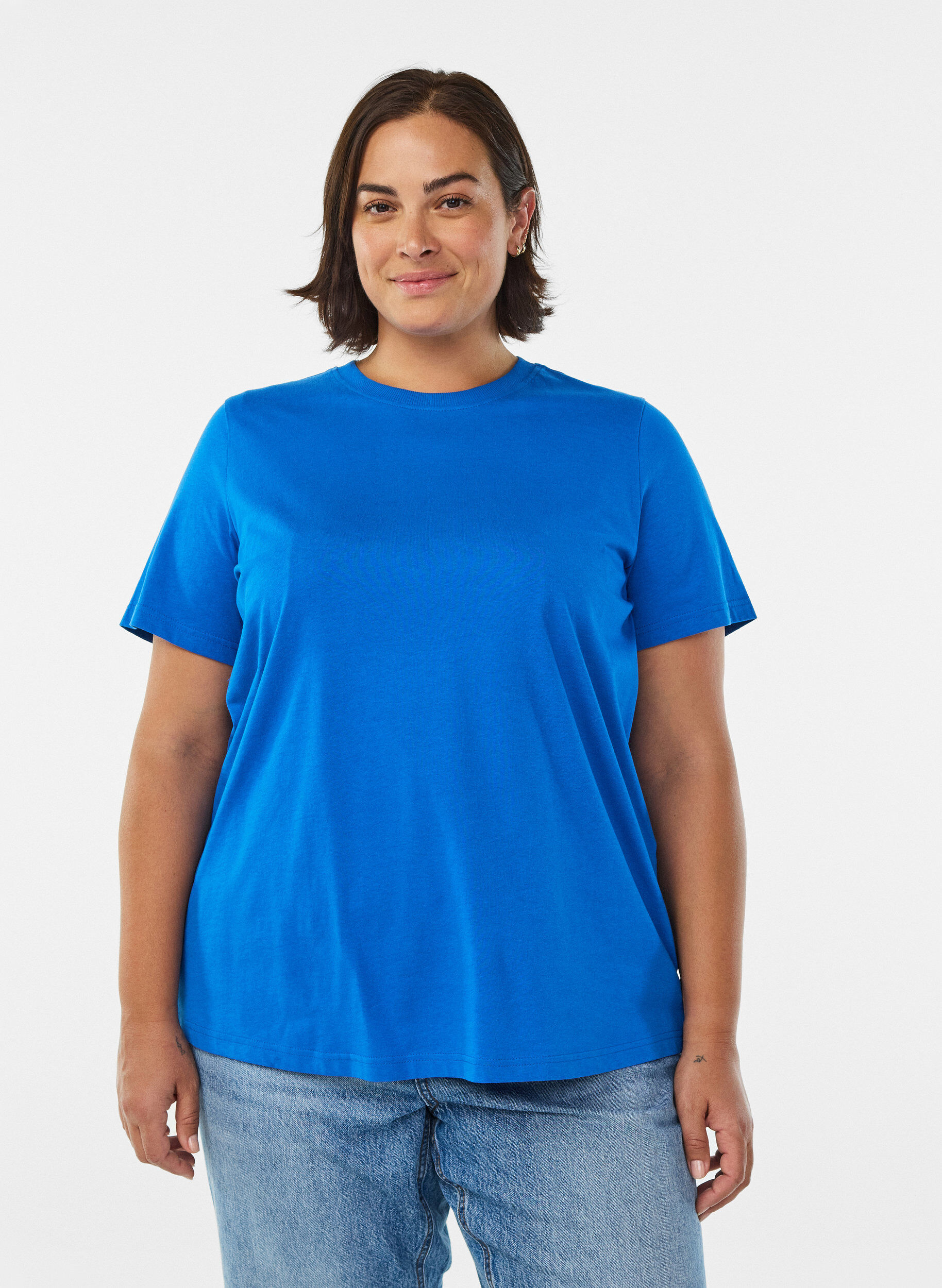 Basic cotton T-shirt with round neck, Blue, Model