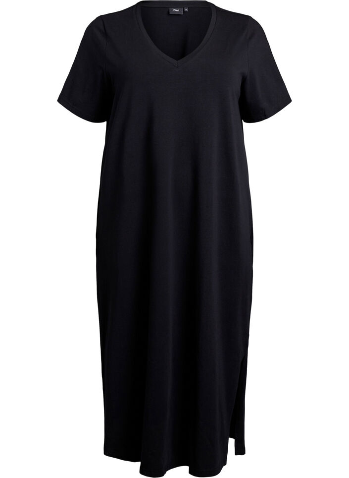 Midi T-shirt dress with a V-neck, Black, Packshot image number 0