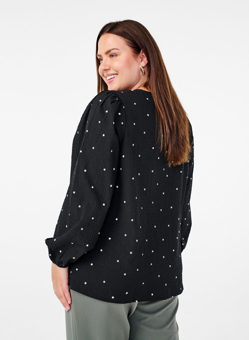 FLASH - Long-sleeved blouse with small flowers, Black White Flower, Model image number 1