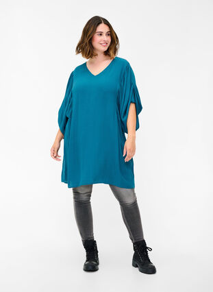 Viscose tunic with decorative 3/4 sleeves, Moroccan Blue, Model image number 2