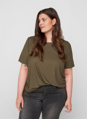 Short-sleeved t-shirt in ribbed fabric, Olive Night, Model image number 0