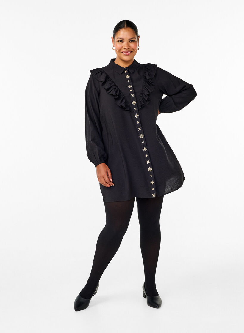Shirt dress with ruffles and embroidery, Black, Model image number 3