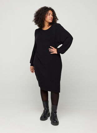 Knitted dress with balloon sleeves, Black, Model image number 3