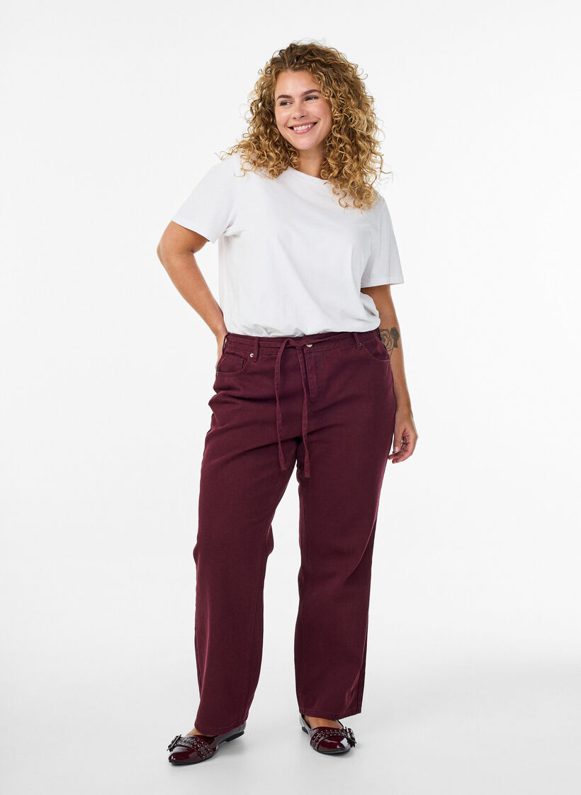 Coloured high-waisted jeans with a tie-belt, Red, Model image number 0