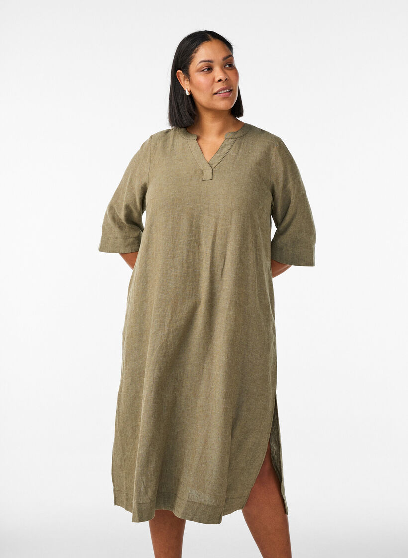 Midi dress in linen and viscose with 1/2 sleeves, Green, Model image number 0