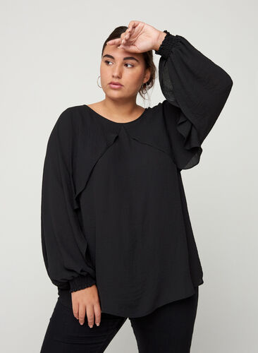 Blouse with balloon sleeves and smocking, Black, Model image number 0