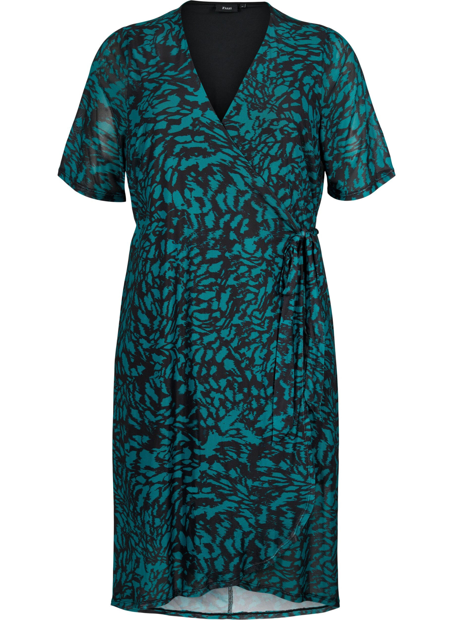 Zizzifashion Printed wrap midi dress, Black Green AOP, Packshot image number 0