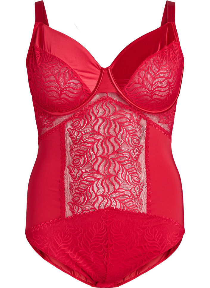 Bodysuit with lace and satin detail, Red, Packshot image number 0