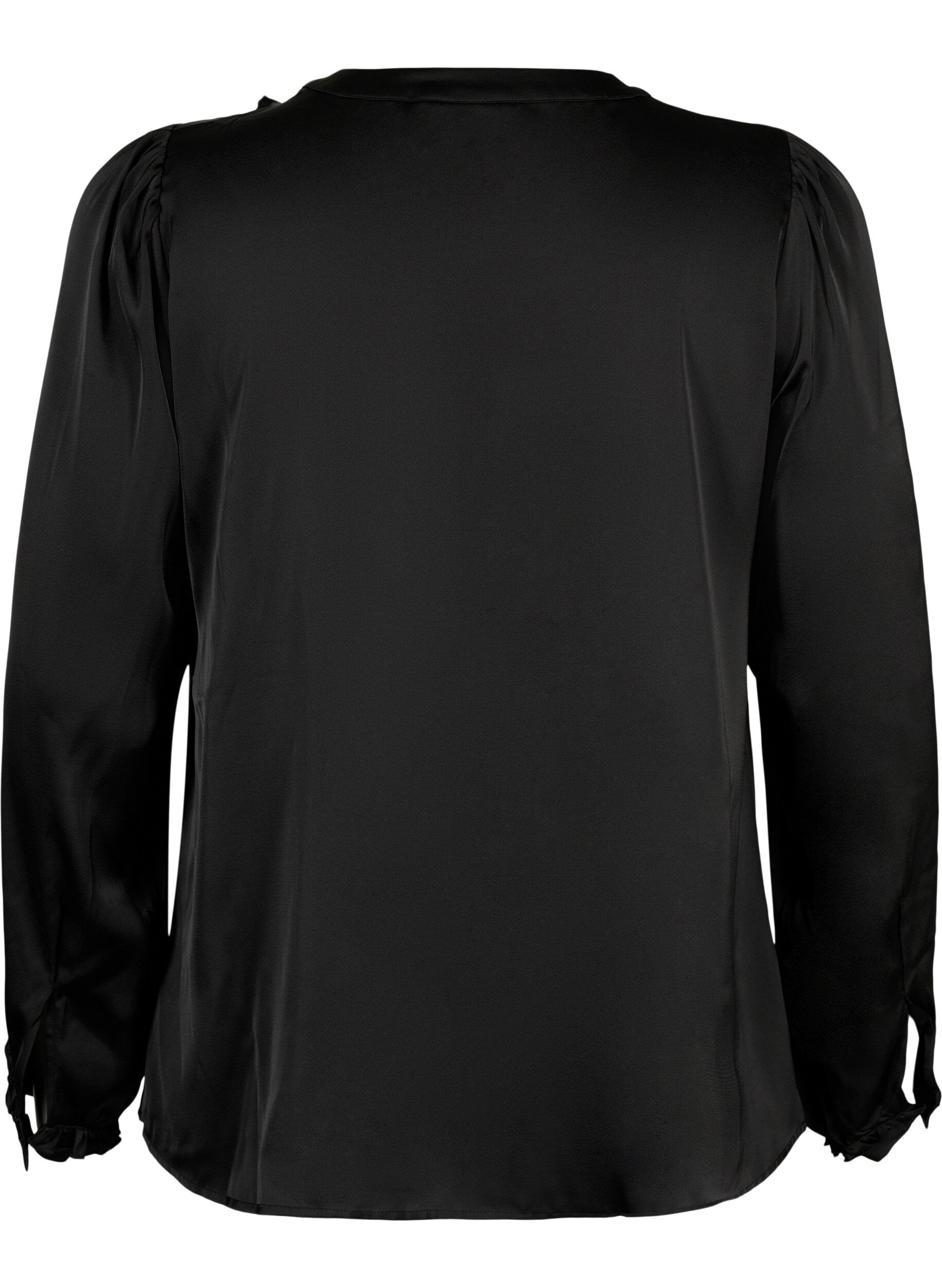 Zizzifashion Satin shirt blouse with ruffle details, Black, Packshot image number 1