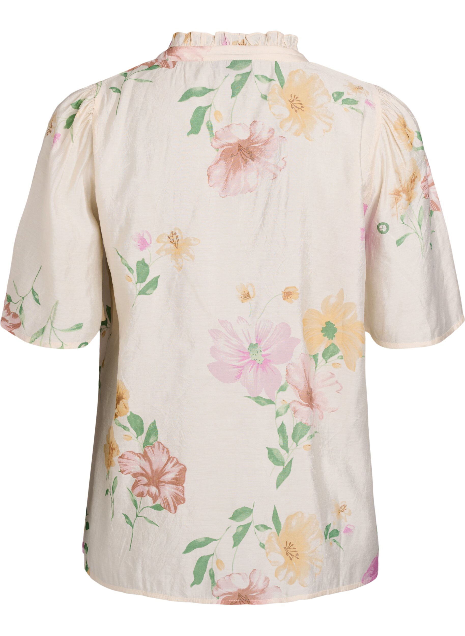 Zizzifashion Floral blouse with a ruffle collar and 1/2 sleeves, Beige, Packshot image number 1