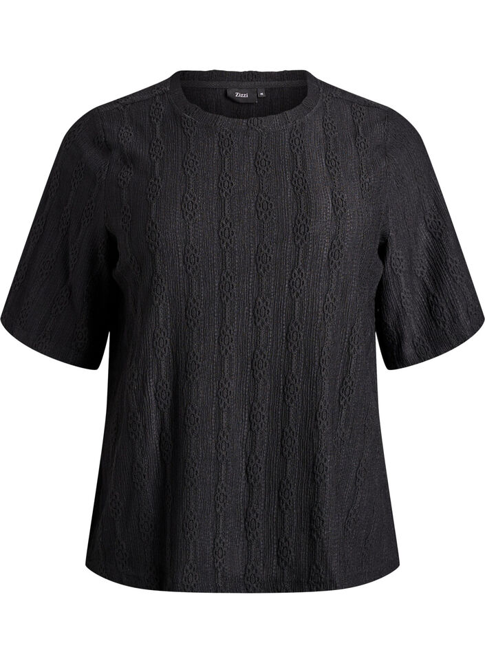 Blouse with textured pattern and short sleeves, Black, Packshot image number 0