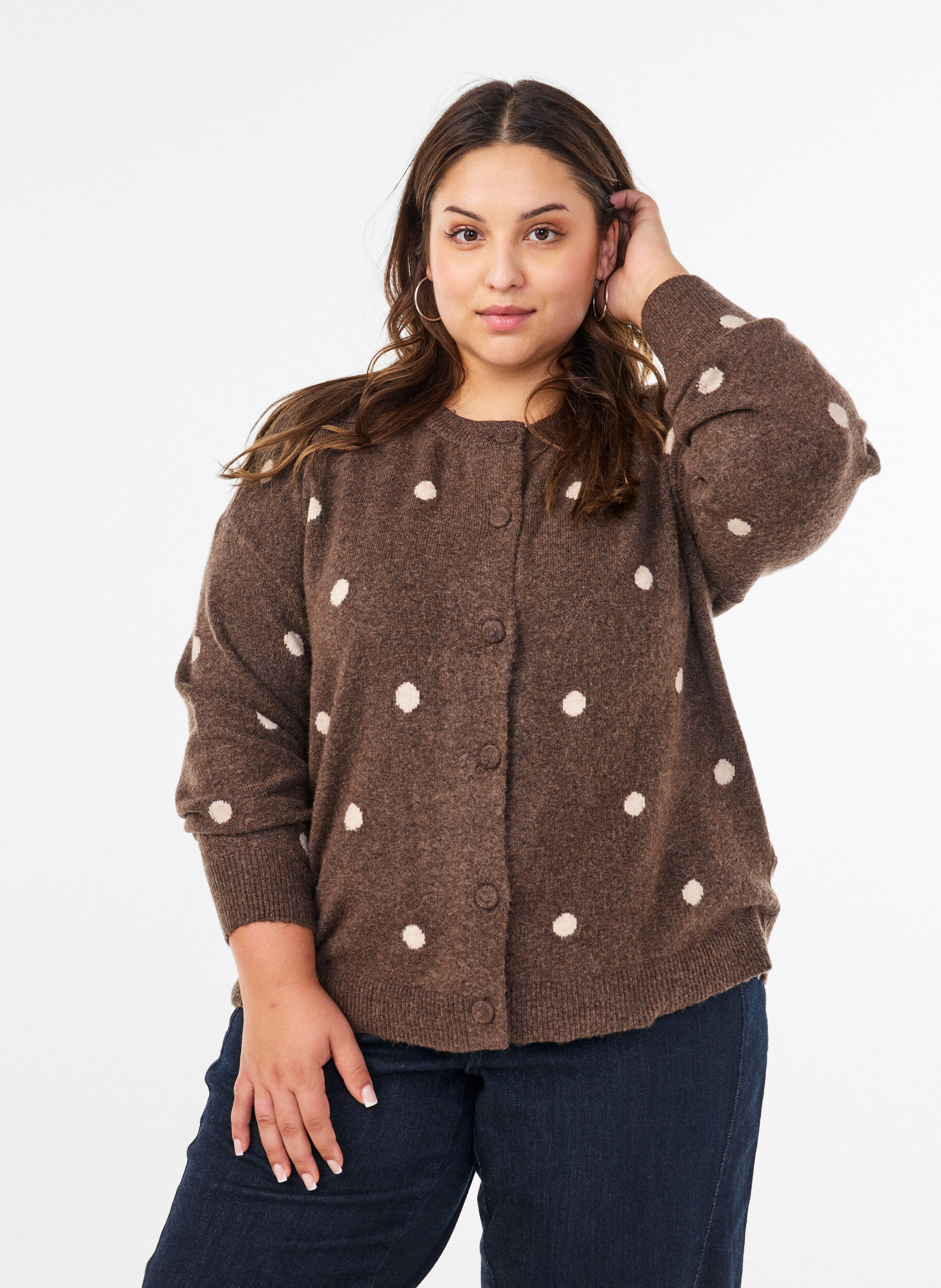 Cardigan with a dotted pattern, Brown, Model