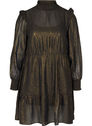 Long-sleeved dress with smocking and ruffles, Black w. Gold, Packshot image number 0