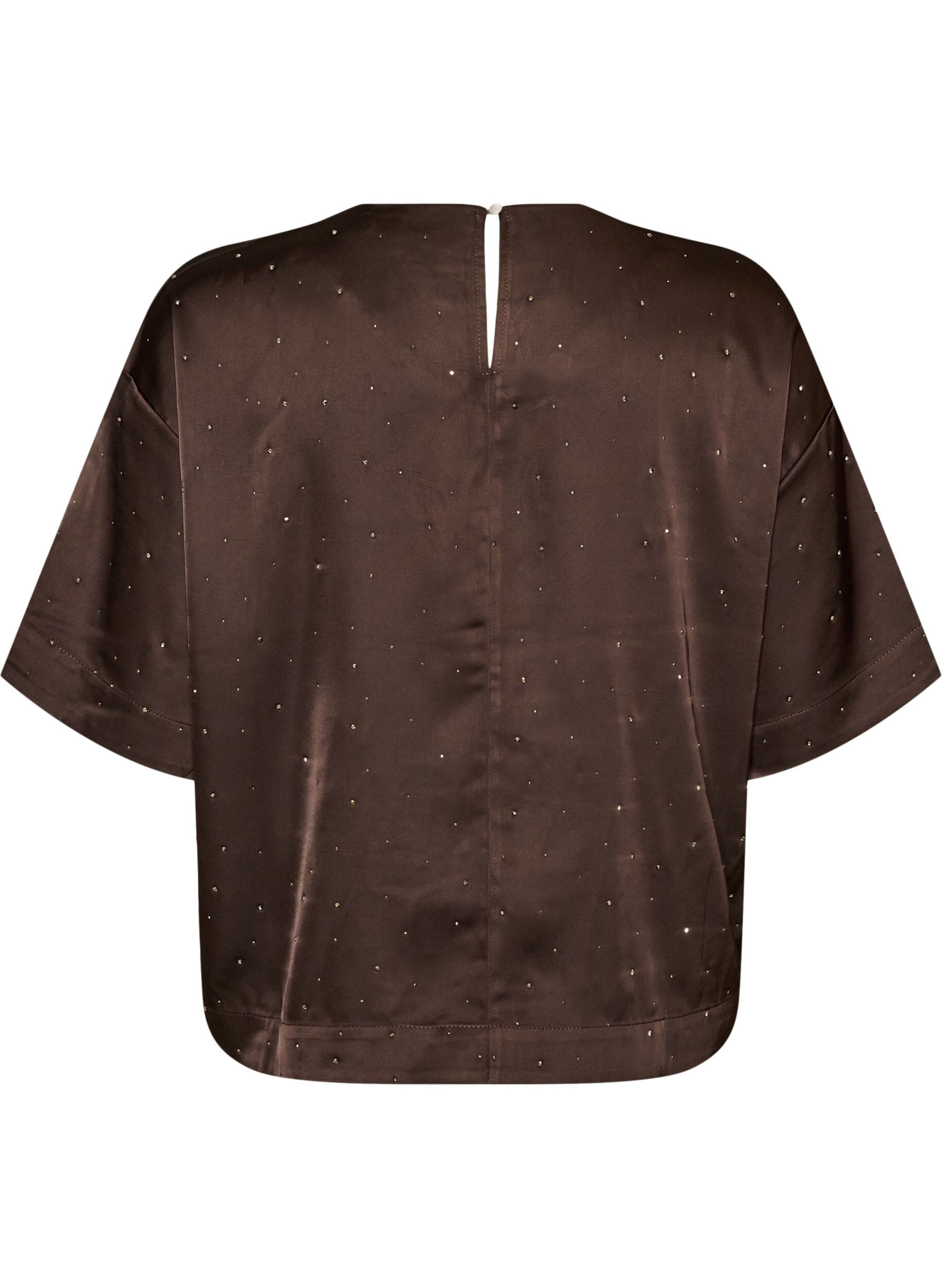 ZizzifashionSatin blouse with rhinestones and elbow-length sleeves, Brown, Packshot image number 1