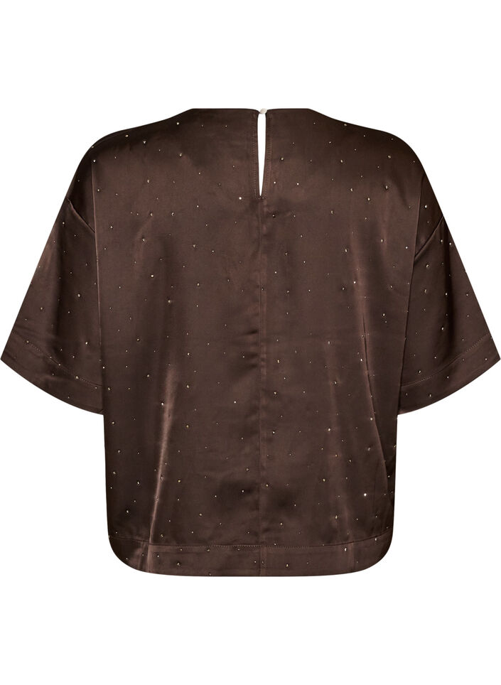 Satin blouse with rhinestones and elbow-length sleeves, Brown, Packshot image number 1