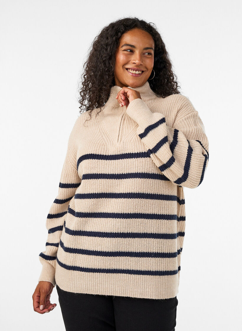 Knitted sweater with high neck and zipper, Vanilla, Model image number 0