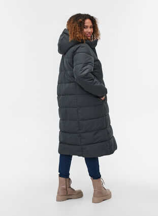 Long, hooded puffer winter jacket, Dark Grey Melange, Model image number 1