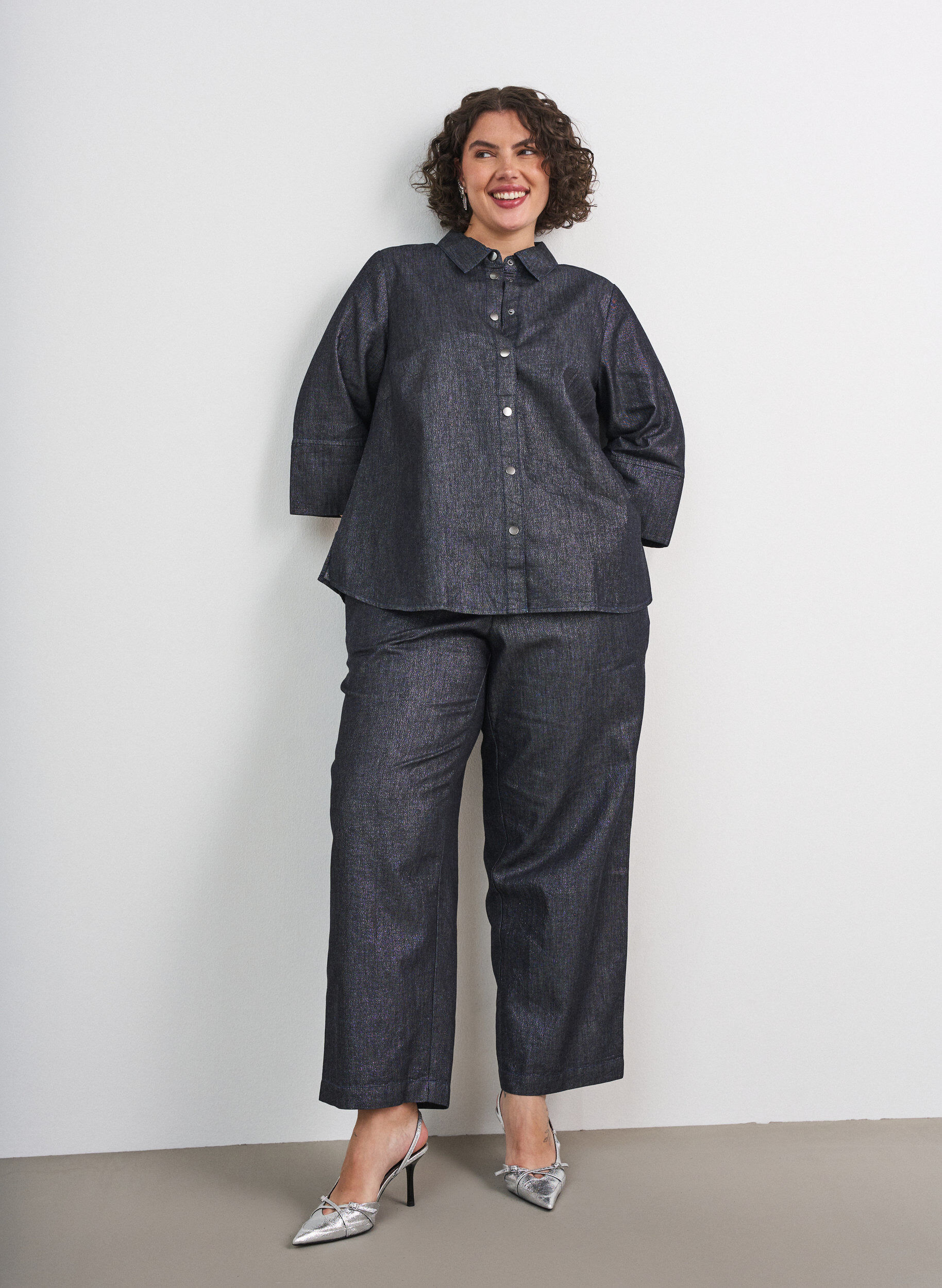 ZizzifashionStraight leg jeans with glitter thread, Grey, Model image number 0