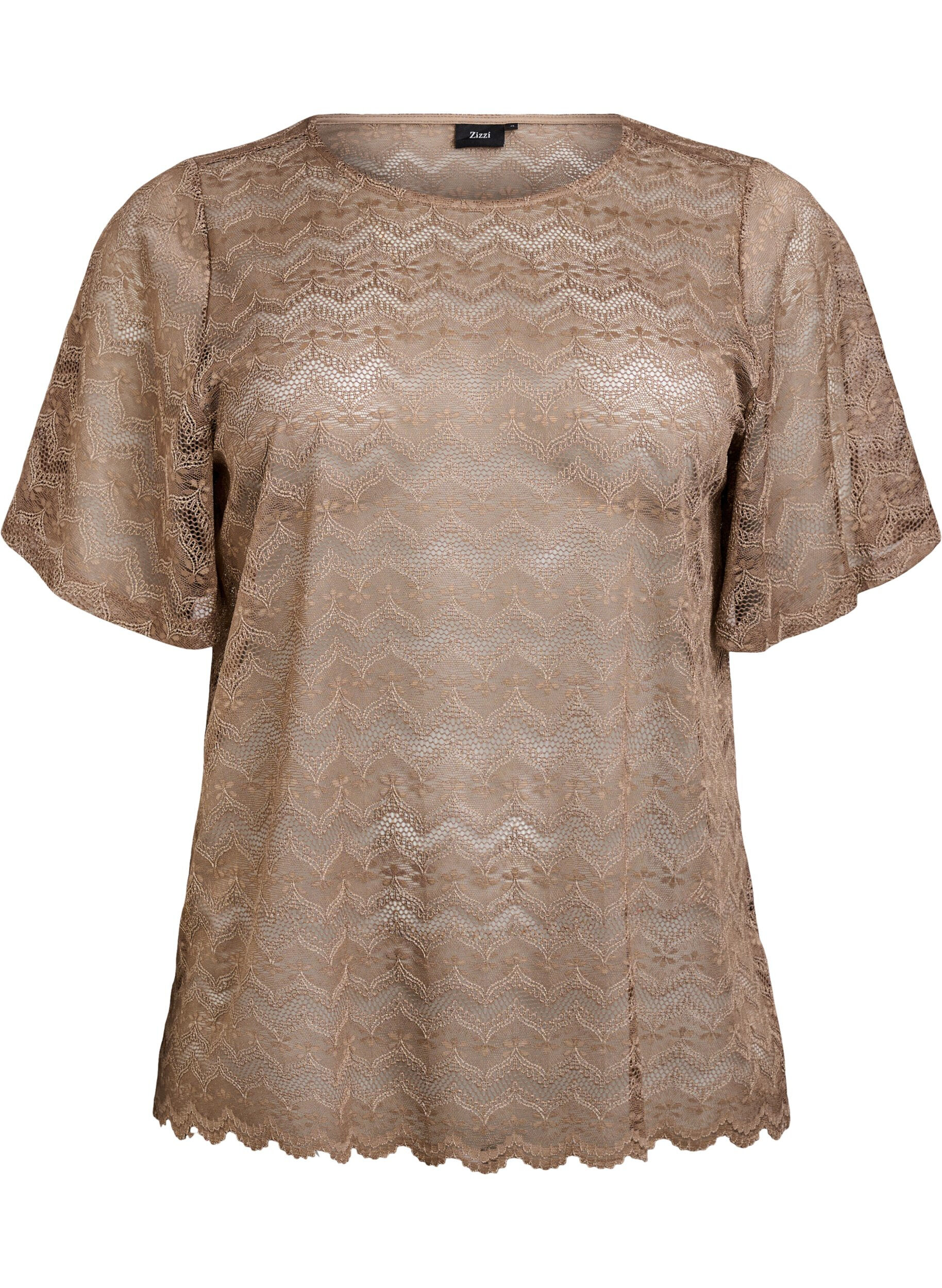 Lace blouse with short sleeves and scalloped hem