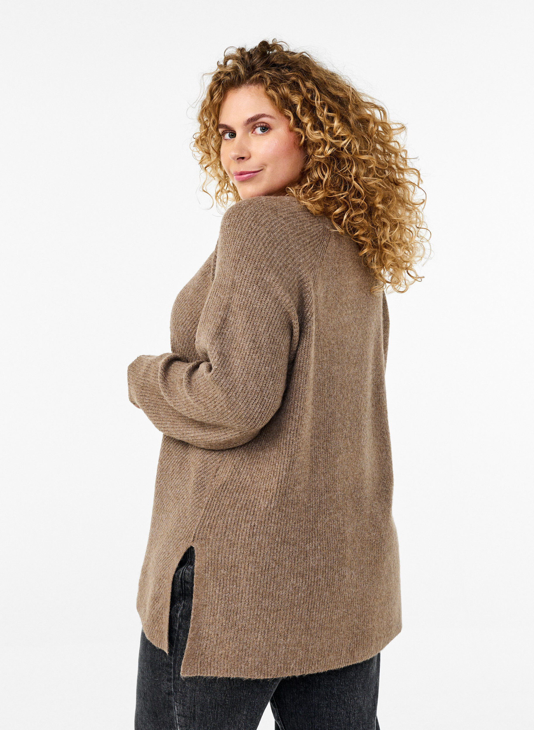 Zizzifashion Knitted blouse with round neck, Fossil Mel., Model image number 1