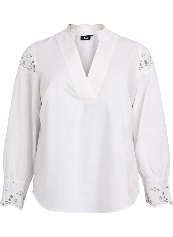 Blouse with V-neck and broderie anglaise details, White, Packshot