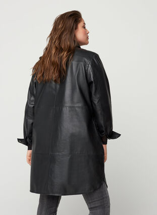 Long, leather shirt jacket, Black, Model image number 1