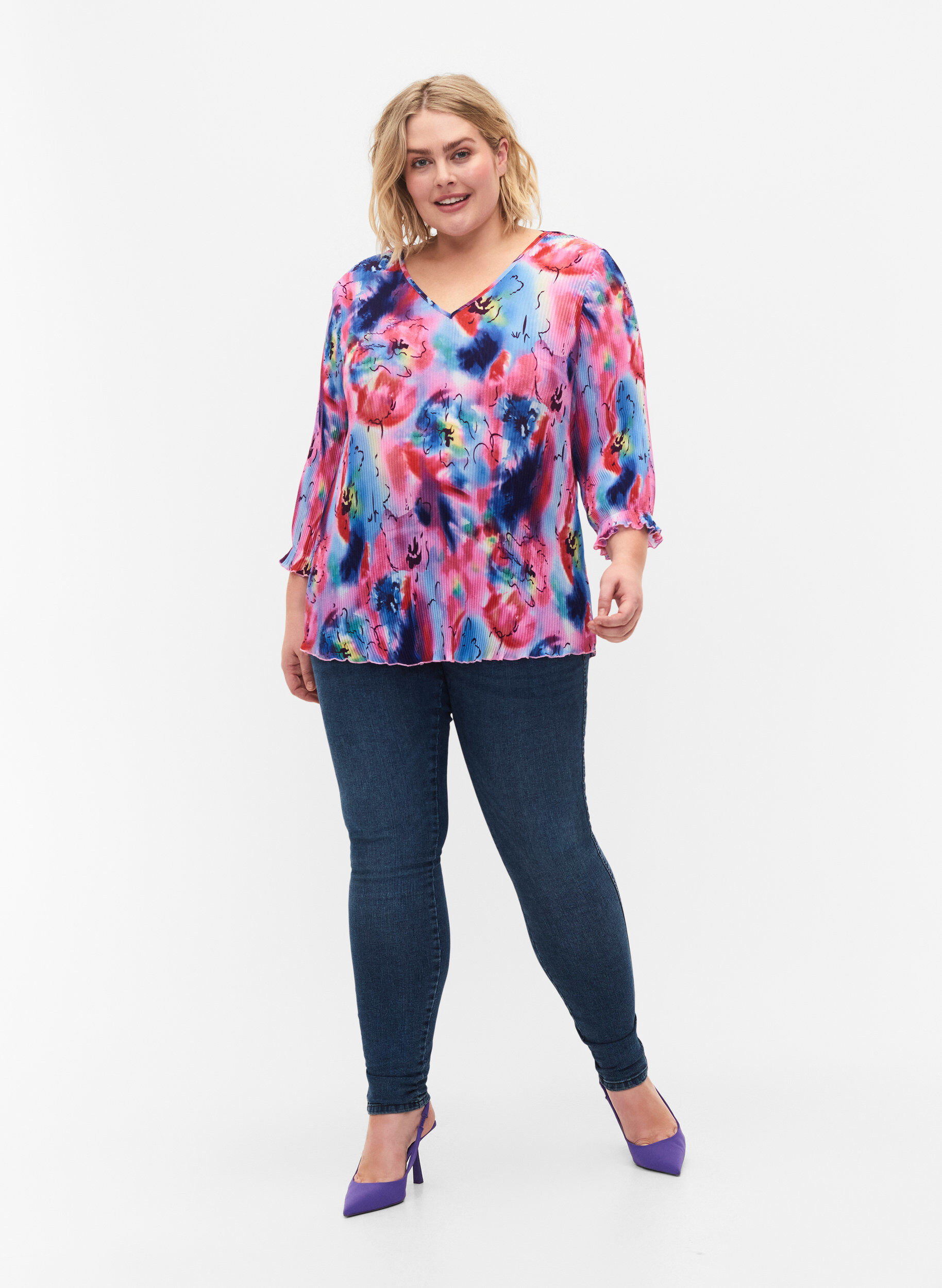 Zizzifashion Pleated top with 3/4 sleeves, Lavender Space AOP, Model image number 2