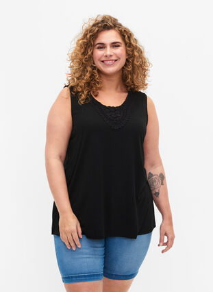 Sleeveless top with lace, Black, Model image number 0