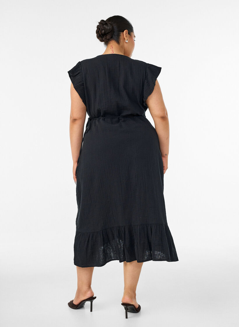 Wrap dress in cotton muslin with ruffles, Black, Model image number 1