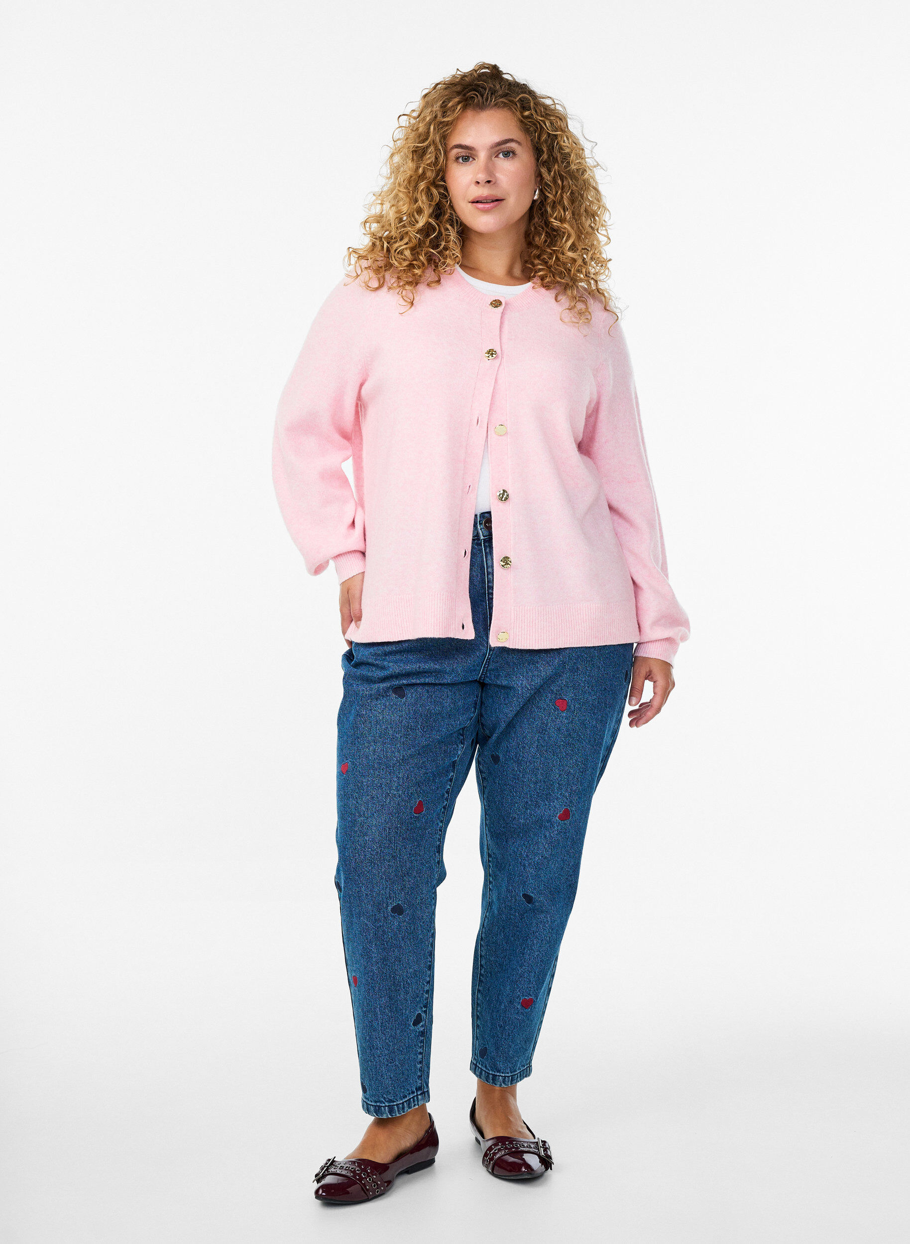 ZizzifashionCardigan in soft knit with gold-coloured buttons, Rose, Model image number 1
