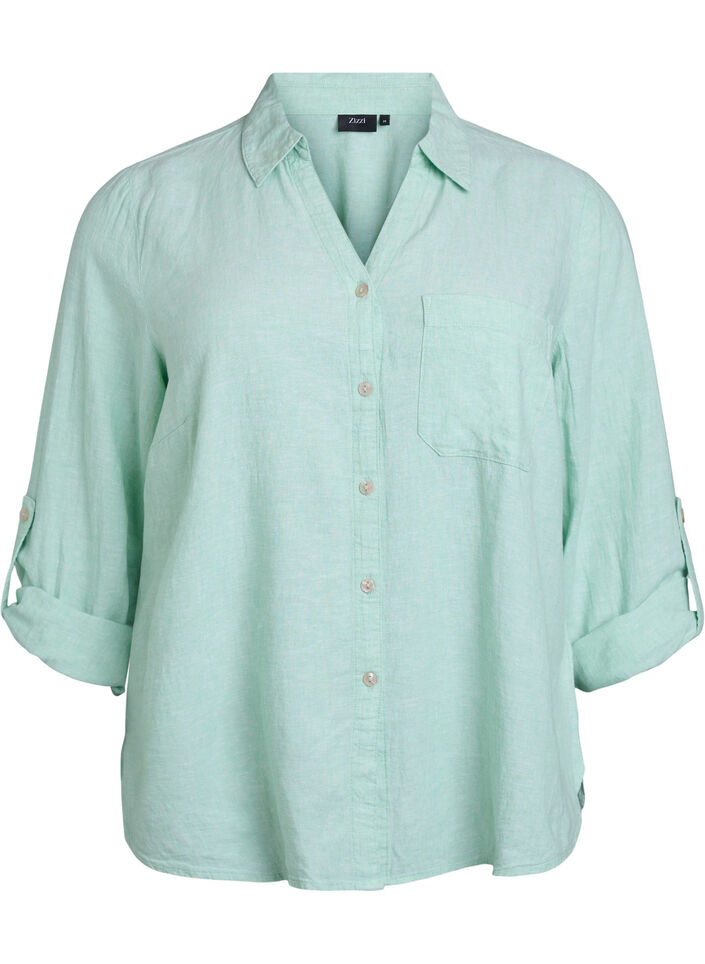 Shirt in linen and viscose with 3/4 sleeves, Green, Packshot image number 0